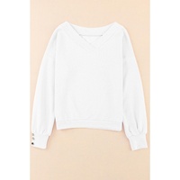 White Knitted V Neck Buttoned Cuffs Sweater - L