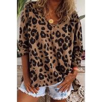 Azura Exchange Leopard Print V Neck Long Sleeve Top - L