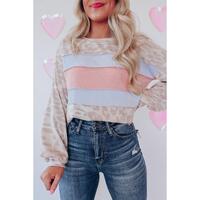 Azura Exchange Contrast Stripes Patchwork Puff Sleeve Knit Top - M