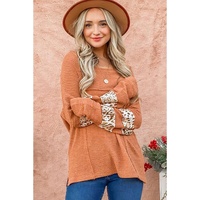 Apricot Leopard Splicing Exposed Seam Waffle Knit Top - M