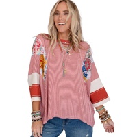 Red Pinstriped Color Block Patchwork Oversized Top - XL