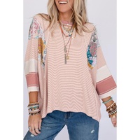 Pink Printed Pinstriped Color Block Patchwork Oversized Top - M