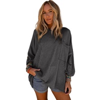 Dark Gray Ribbed Roll-tab Sleeve Chest Pocket Oversize Top - M