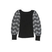 Black Flower Puff Sleeve Ribbed Knit Top - XL