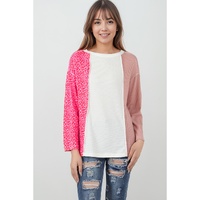 Pink Waffle Knit Exposed Seam Leopard Colorblock Print Top - L