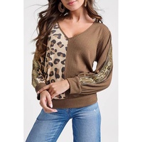Brown Leopard Splicing Waffle Knit V Neck Top - L