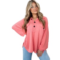 Pink Corded Flap Pocket Henley Top - M
