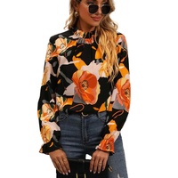 Black Floral Print Mock Neck Blouse - M
