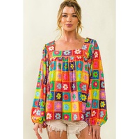 Azura Exchange Multicolor Floral Crochet Square Neck Puff Sleeve Blouse - M