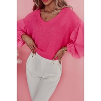 Rose Waffle Knit Balloon Sleeve Splicing V Neck Top - L