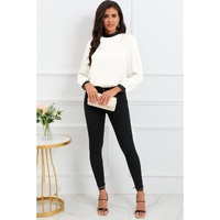 White Color Block Bow Back Mock Neck Blouse - XL