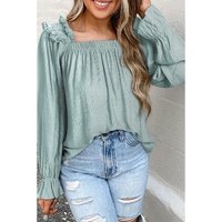 Green Ruffled Square Neck Cuffs Long Sleeve Blouse - M