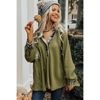 Green Flowy Plaid Accent Waffle Knit Henley Hoodie - S