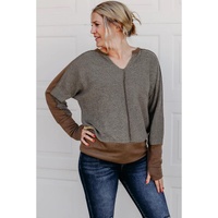 Brown Contrast Patchwork Thumbhole Sleeve Top - M
