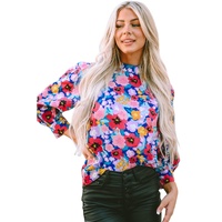 Blue Mock Neck Bubble Sleeve Floral Print Blouse - L