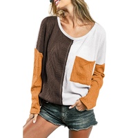 Brown Color Block Patchwork Chest Pocket Long Sleeve Top - S
