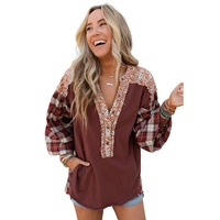 Red Floral Plaid Mixed Print Bishop Sleeve Patchwork Top - S