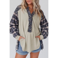 Blue Floral Plaid Mixed Print Bishop Sleeve Patchwork Top - XL