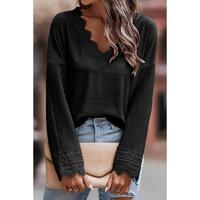 Azura Exchange Ribbed Texture Lace Trim V Neck Long Sleeve Top - S