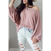 Pink One-Shoulder Balloon Sleeve Ribbed Blouse - M