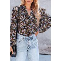 Azura Exchange Floral Print Ruffled Bubble Sleeve Shirt - M