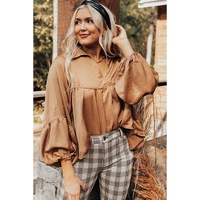 Brown Puff Sleeve Collared Pleated Babydoll Blouse - L