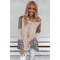 Leopard Sequin Patchwork Bell Sleeve V Neck Tunic Top - S