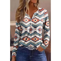 White Aztec Geometric Print Long Sleeve Henley Top - S