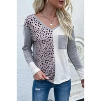 Leopard Patchwork Ribbed Color Block V Neck Top - XL