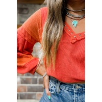 Red Studded V Neckline Exposed Seam Textured Knit Top - XL
