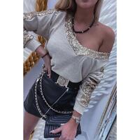 Azura Exchange Sequin Patchwork V Neck Long Sleeve Top - S