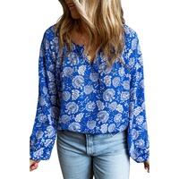 Blue Floral Notched V-Neck Long Sleeve Blouse - L