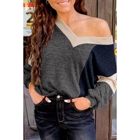Black Brushed Contrast Knit V Neck Colorblock Long Sleeve Top - L