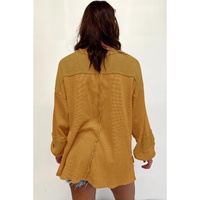 Exposed Seam Patchwork Bubble Sleeve Waffle Knit Top - L