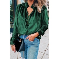 Blackish Green Frilled Neck Buttoned Front Velvet Top - L