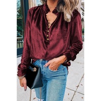 Biking Red Frilled Neck Buttoned Front Velvet Top - 2XL