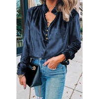 Navy Blue Frilled Neck Buttoned Front Velvet Top - 2XL