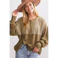 Khaki Ribbed Patchwork Drop Shoulder Buttoned Neckline Blouse - XL