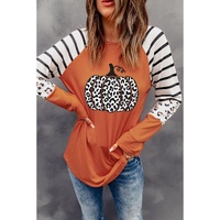 Orange Leopard Pumpkin Graphic Contrast Long Sleeve Top - L