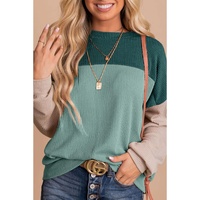 Green Color Block Long Sleeve Ribbed Loose Top - M