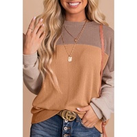 Khaki Color Block Long Sleeve Ribbed Loose Top - S