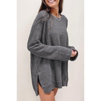 Gray Waffle Knit High Slits Oversized Top - 2XL