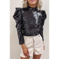 Black Sequin Mock Neck Bubble Sleeve Top - 2XL