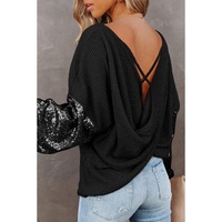 Black Sequin Patchwork Sleeve Open Back Waffle Knit Top - L