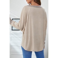 Khaki Contrast Cuffs Batwing Sleeve Loose Top - L