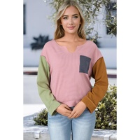 Pink Colorblock Rib Textured Loose Long Sleeve Top - M