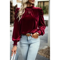 Azura Exchange Red Mock Neck Puff Sleeve Velvet Blouse - M