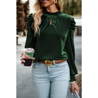 Azura Exchange Blackish Green Mock Neck Puff Sleeve Velvet Blouse - L