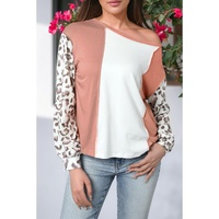 Apricot Colorblock Leopard Sleeve Patchwork Top - M