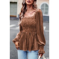Chestnut Smocked Ribbed Velvet Babydoll Top - M
